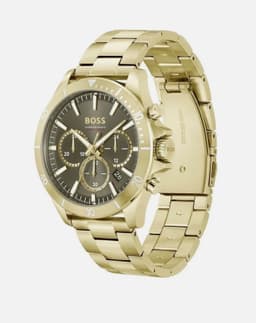 New HUGO BOSS Troper HB1514059 Chrono Gold Steel Strap Grey Dial Mens Watch 45mm